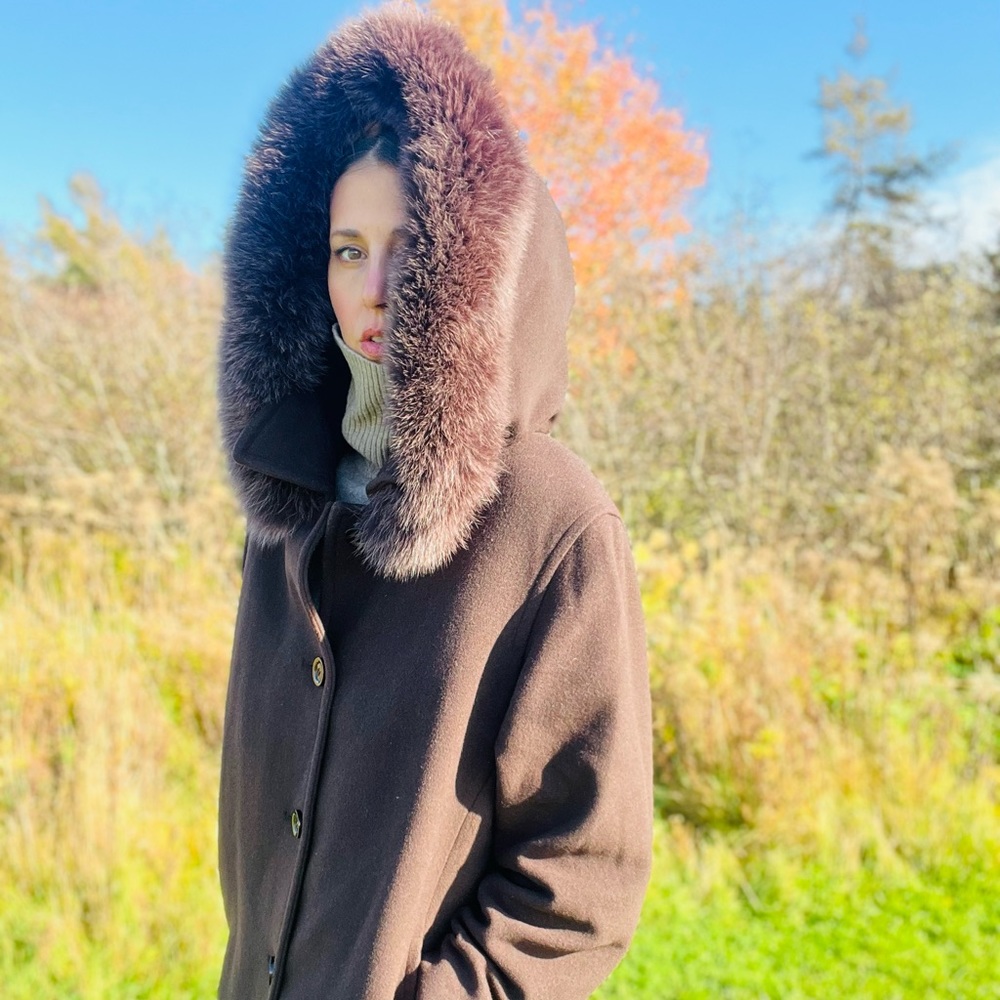 Wool + Cashmere Coat with fox trimmed hood